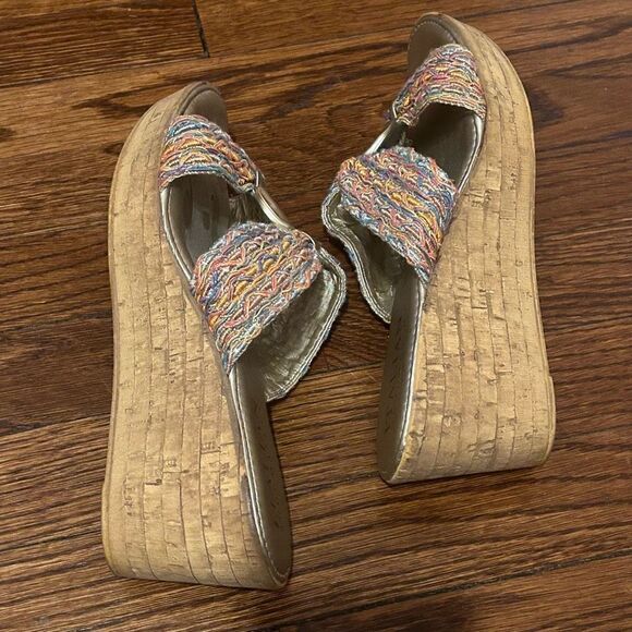 Italian Shoemakers Cork Wedge Slip On Sandals Rainbow Metallic Knit Size 9.5 EUC - Picture 7 of 9